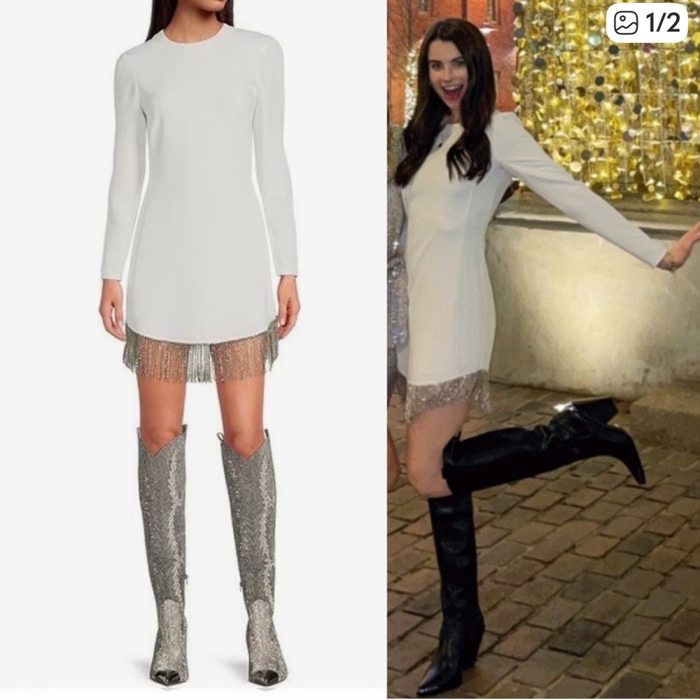 Chic White Long Sleeve Dress with Silver Fringe
